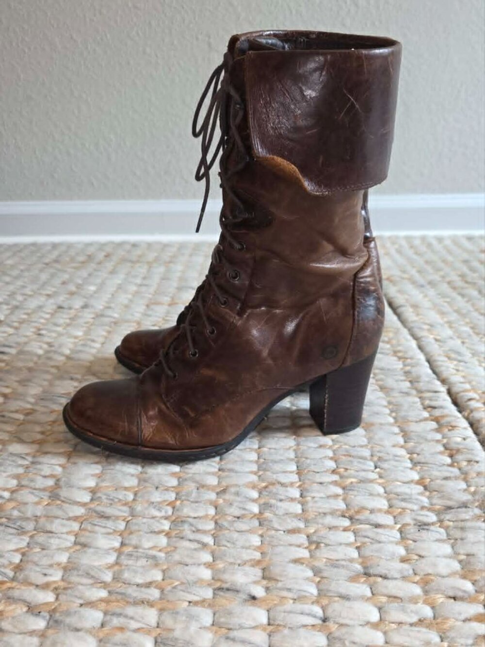 Born Brown Leather Lace Up Fold Over Side Zip Heeled Combat Moto Boot - 9.5 - Picture 10 of 16